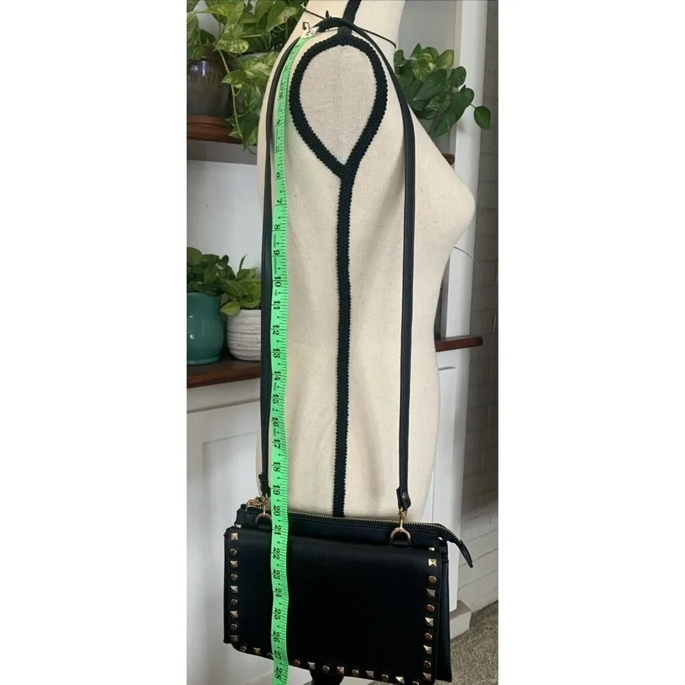 Mark & Hall Fold Over Black Faux Leather Crossbody Flap Bag Gold Rock Stud EUC
